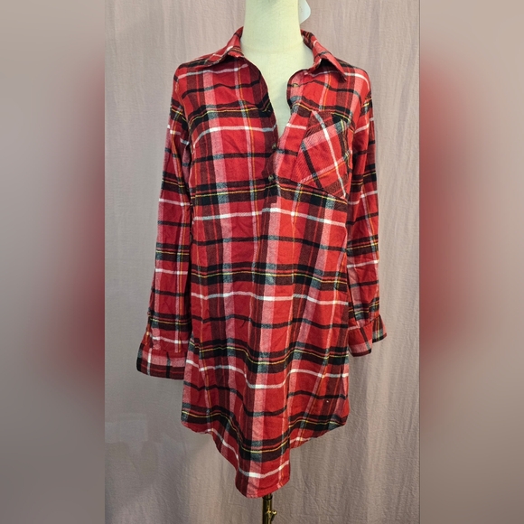 Isabel Maternity Women's Maternity Plaid Flannel Popover Tunin Top, Red - SMALL - Picture 2 of 8